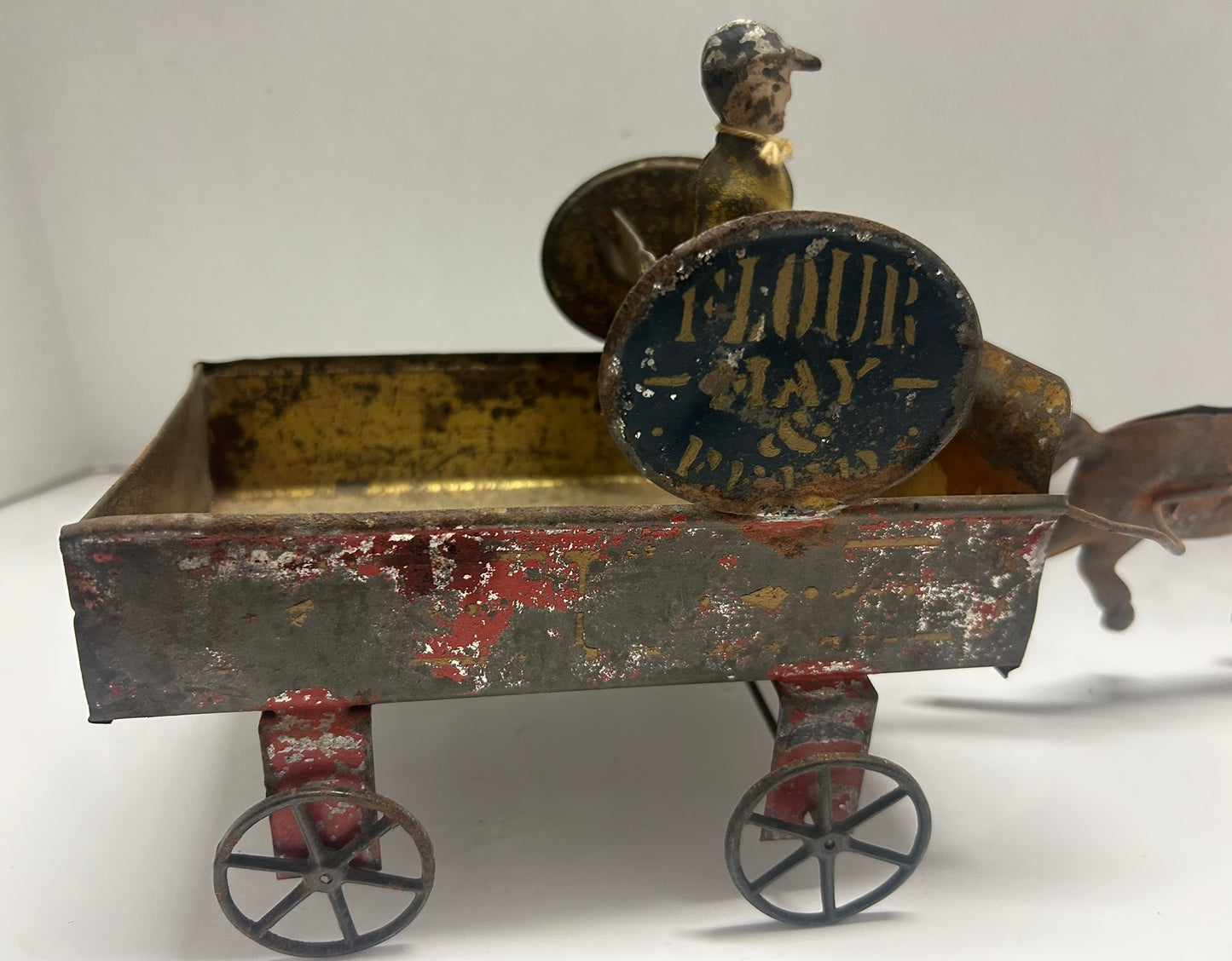EARLY AMERICAN TIN TOY FLOUR, HAY, & FEED, HORSE DRAWN DELIVERY WAGON