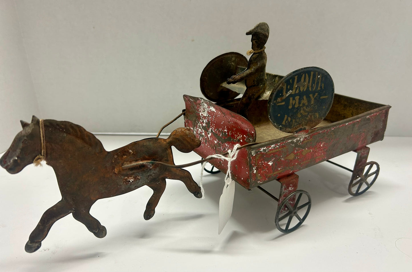 EARLY AMERICAN TIN TOY FLOUR, HAY, & FEED, HORSE DRAWN DELIVERY WAGON