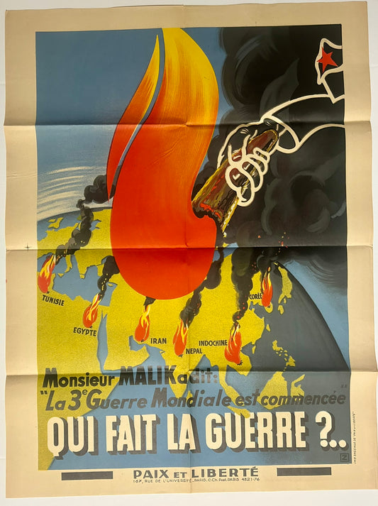 FRENCH ANTI SOVIET 1950'S POSTER QUI FAIT LA GUERRE