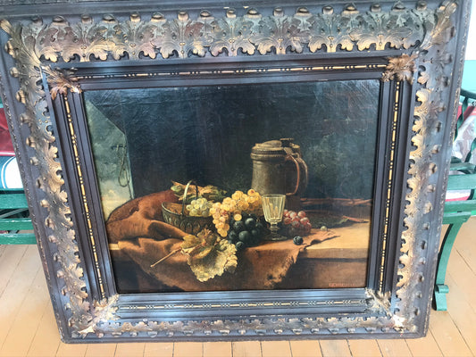 1880 STILL LIFE PAINTING OF FRUIT AND STEIN BY EDUARD GEHBE
