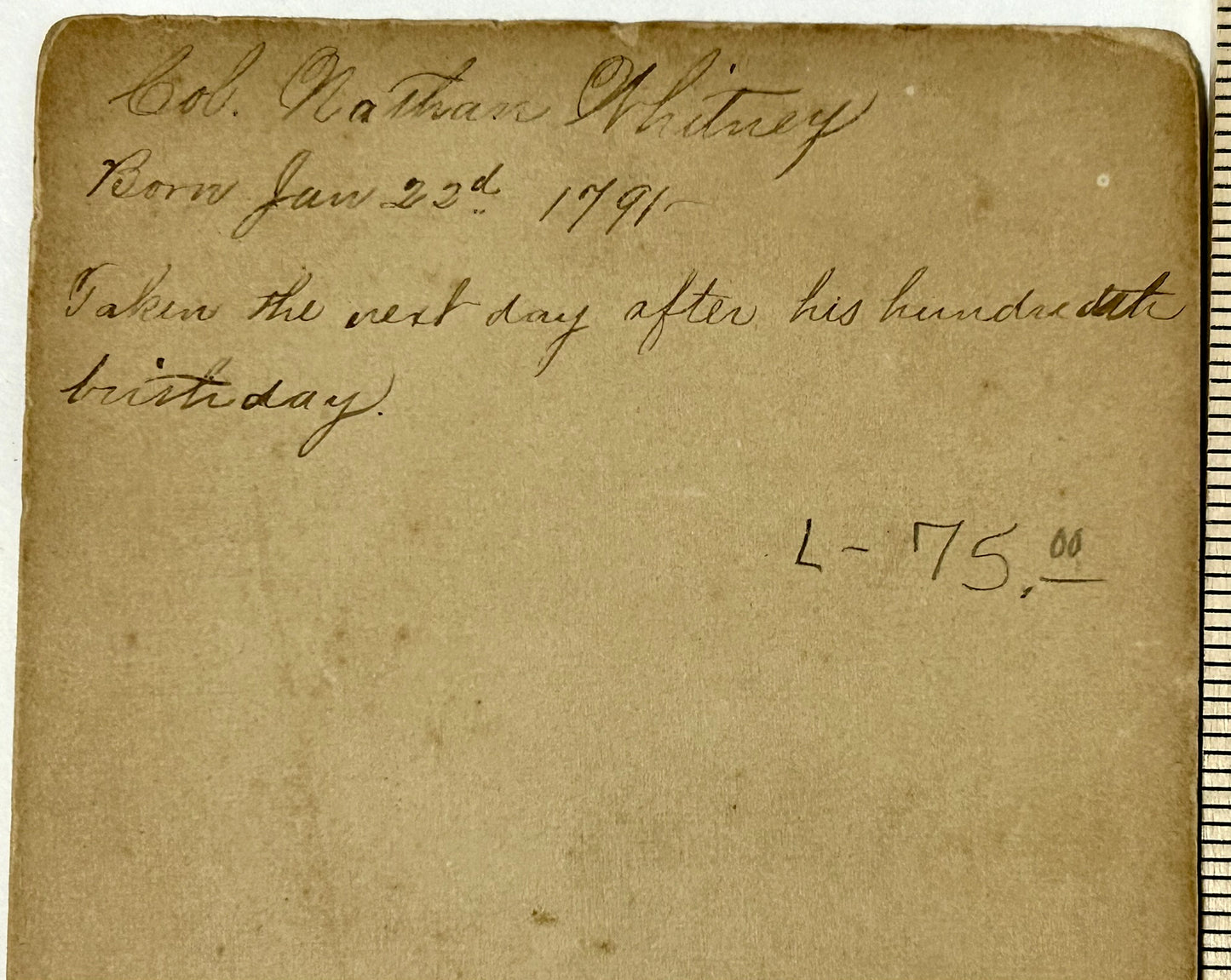 WAR OF 1812 VETERAN COLONEL AND EARLY FREE MASON NATHAN WHITNEY PHOTO