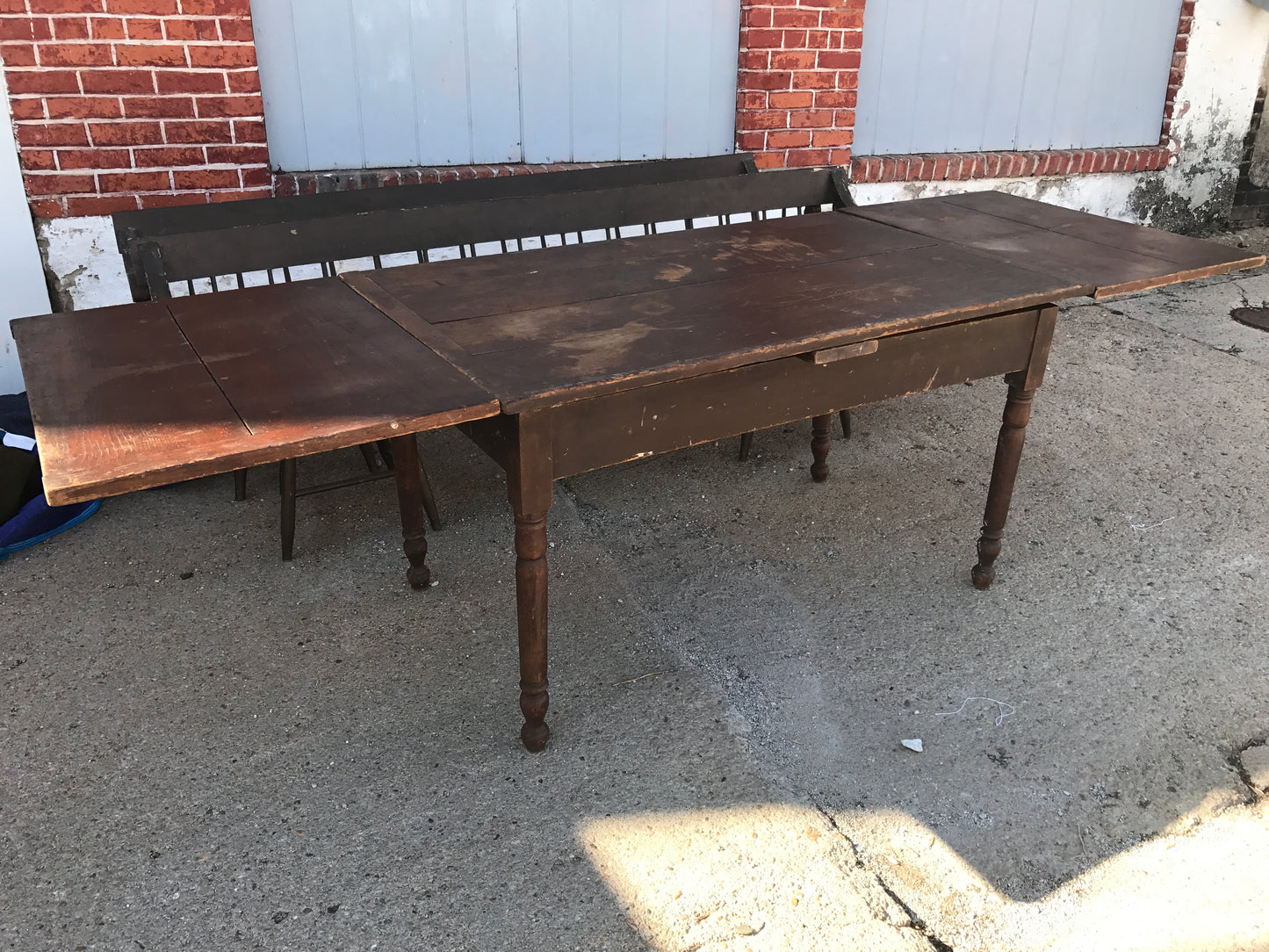 ANTIQUE PRIMITIVE FARM TABLE AND TWO BENCHES