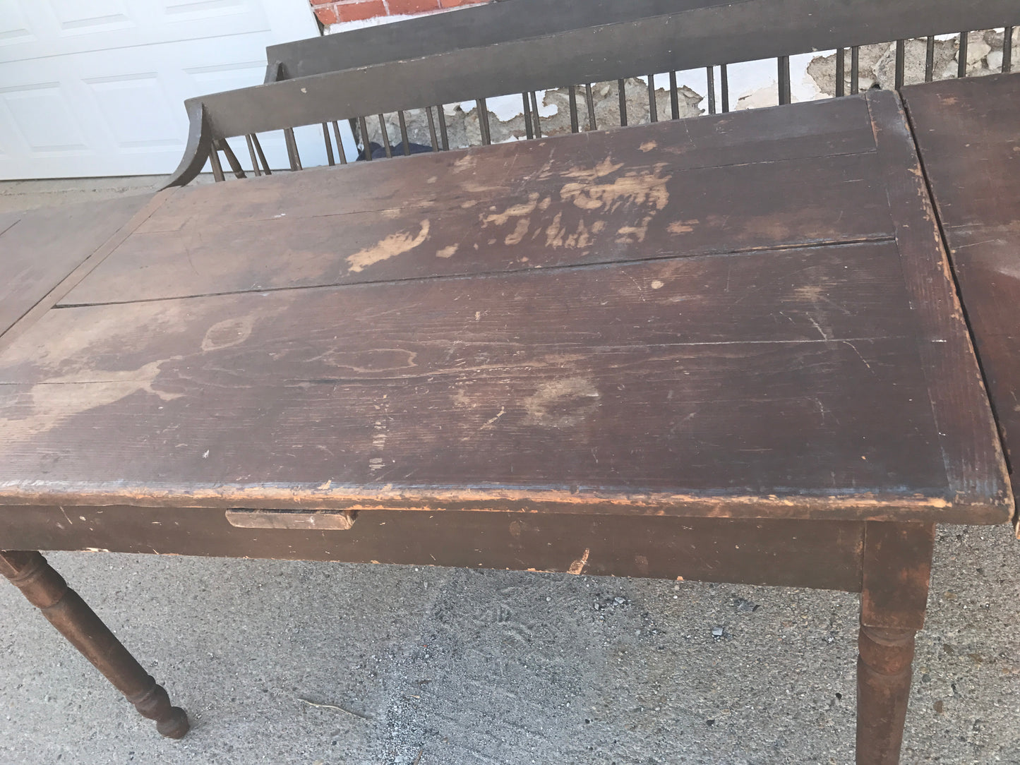 ANTIQUE PRIMITIVE FARM TABLE AND TWO BENCHES