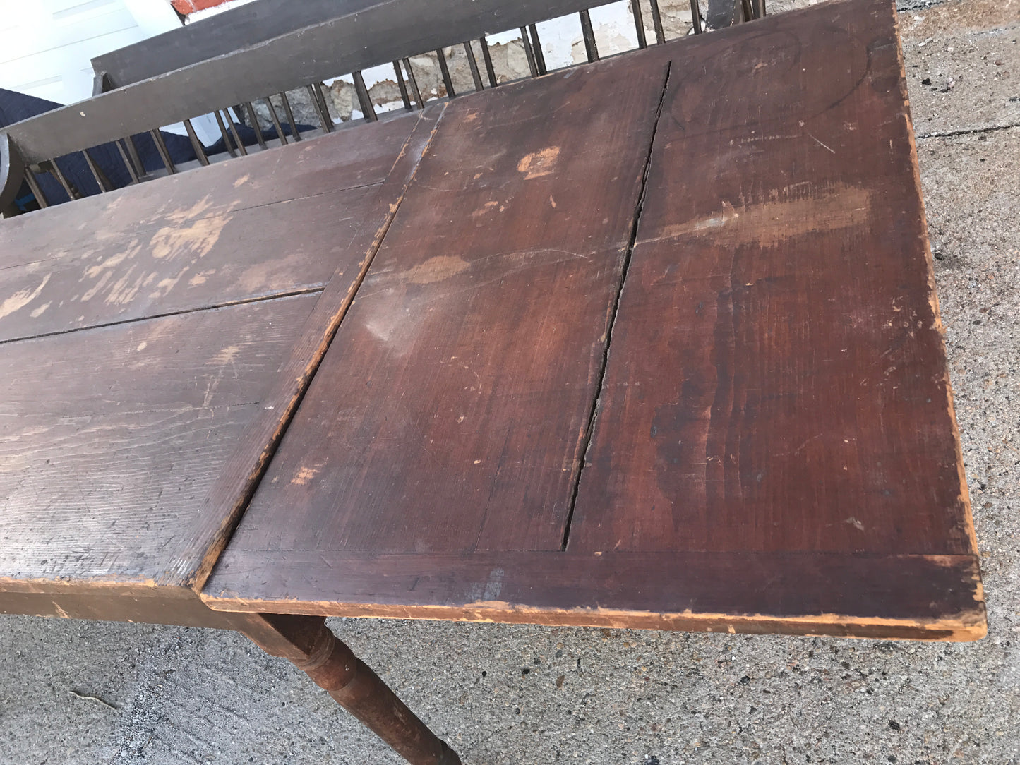 ANTIQUE PRIMITIVE FARM TABLE AND TWO BENCHES