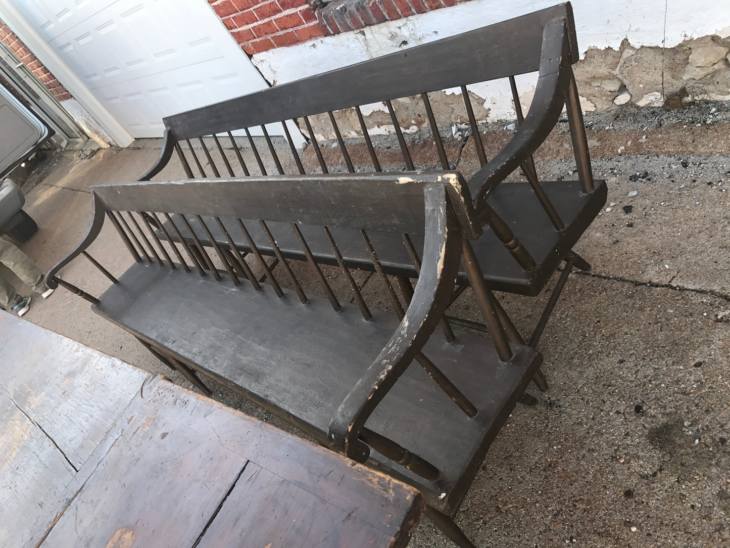 ANTIQUE PRIMITIVE FARM TABLE AND TWO BENCHES