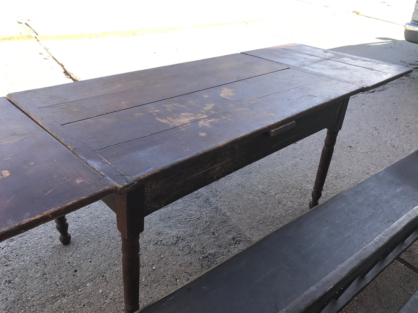 ANTIQUE PRIMITIVE FARM TABLE AND TWO BENCHES