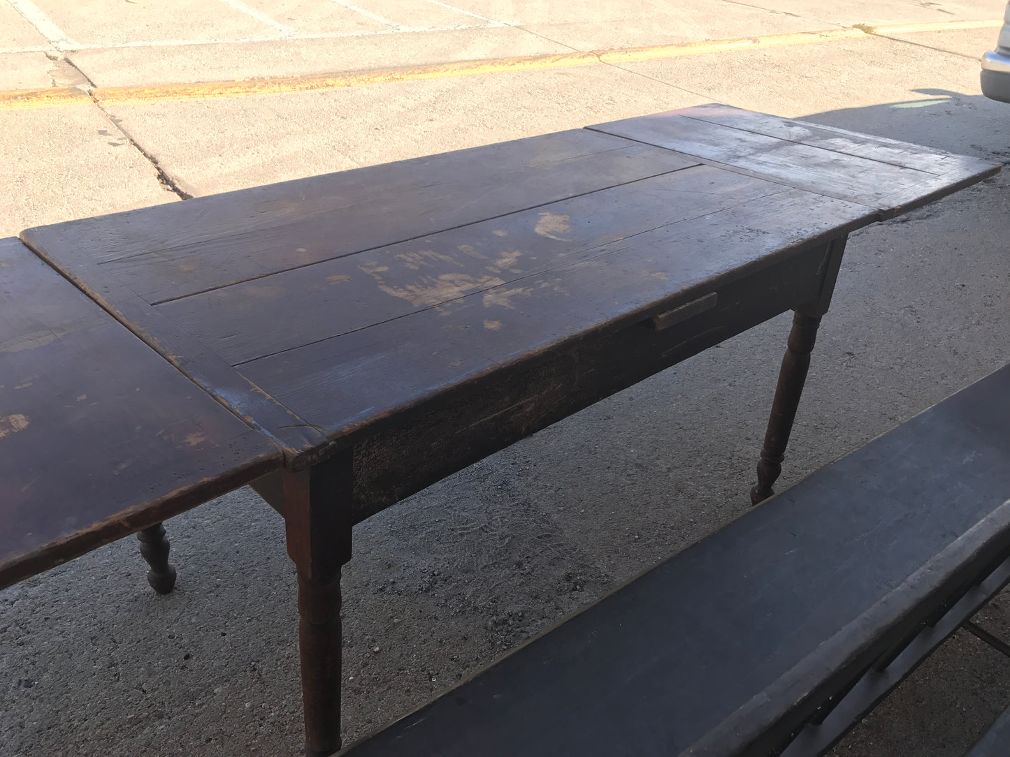 ANTIQUE PRIMITIVE FARM TABLE AND TWO BENCHES