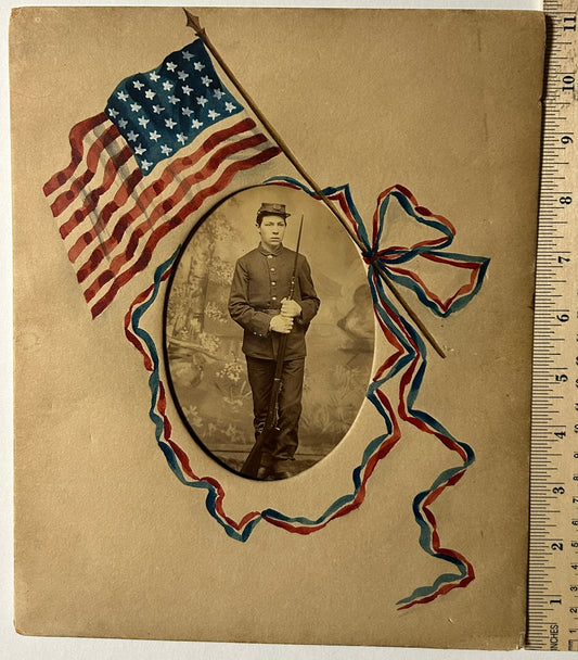 HAND PAINTED PATRIOTIC FLAG FRAME WITH 1888 PHOTO OF 16 YEAR OLD IDENTIFIED SOLDIER