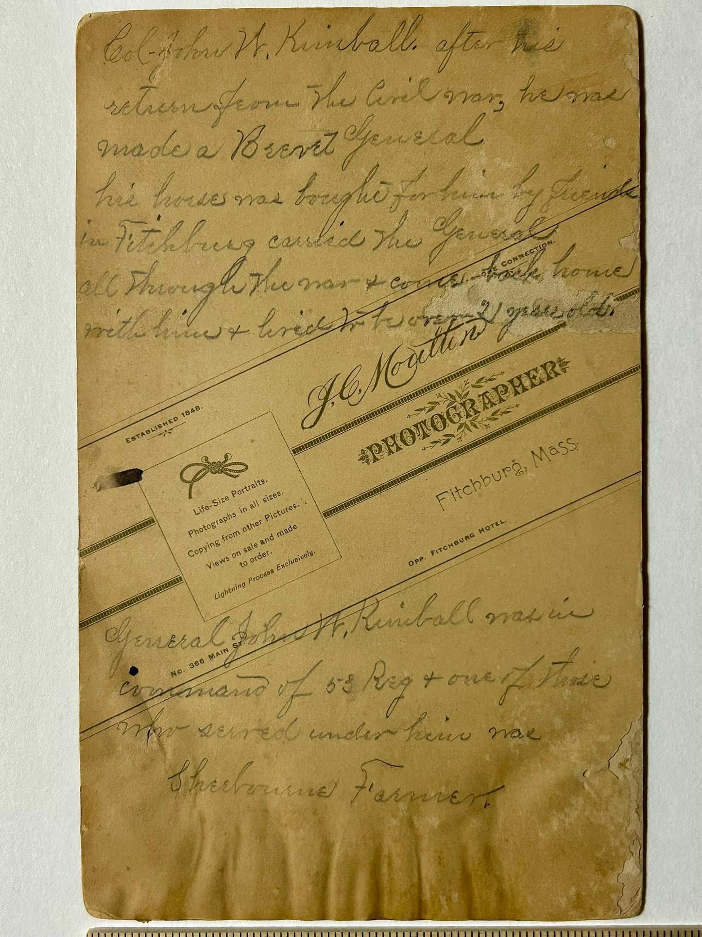 CIVIL WAR MASS. COLONEL JOHN W. KIMBALL ON HORSE PHOTO