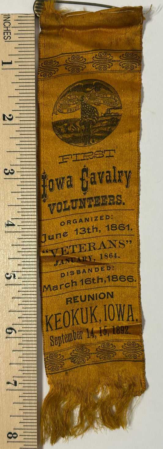FIRST IOWA CAVALRY VOLUNTEERS 1892 REUNION RIBBON