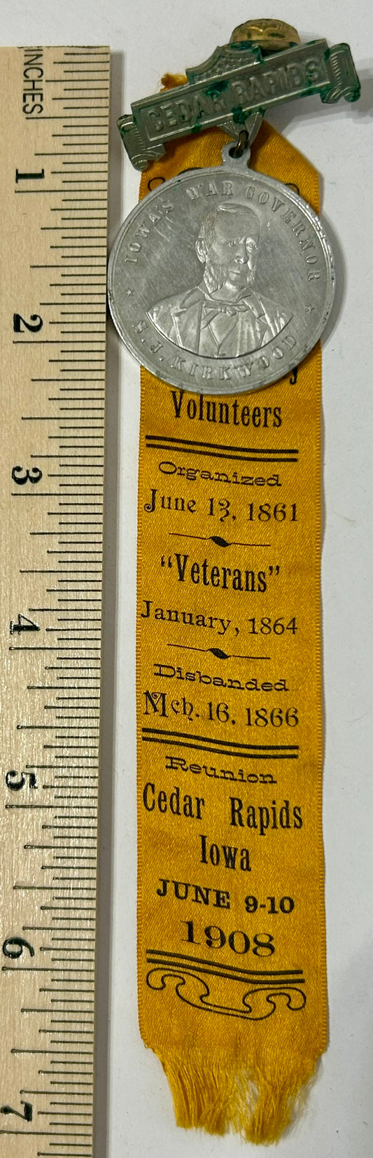 FIRST IOWA CALVALRY VOLUNTEERS 1908 CEDAR RAPIDS IOWA REUNION RIBBON