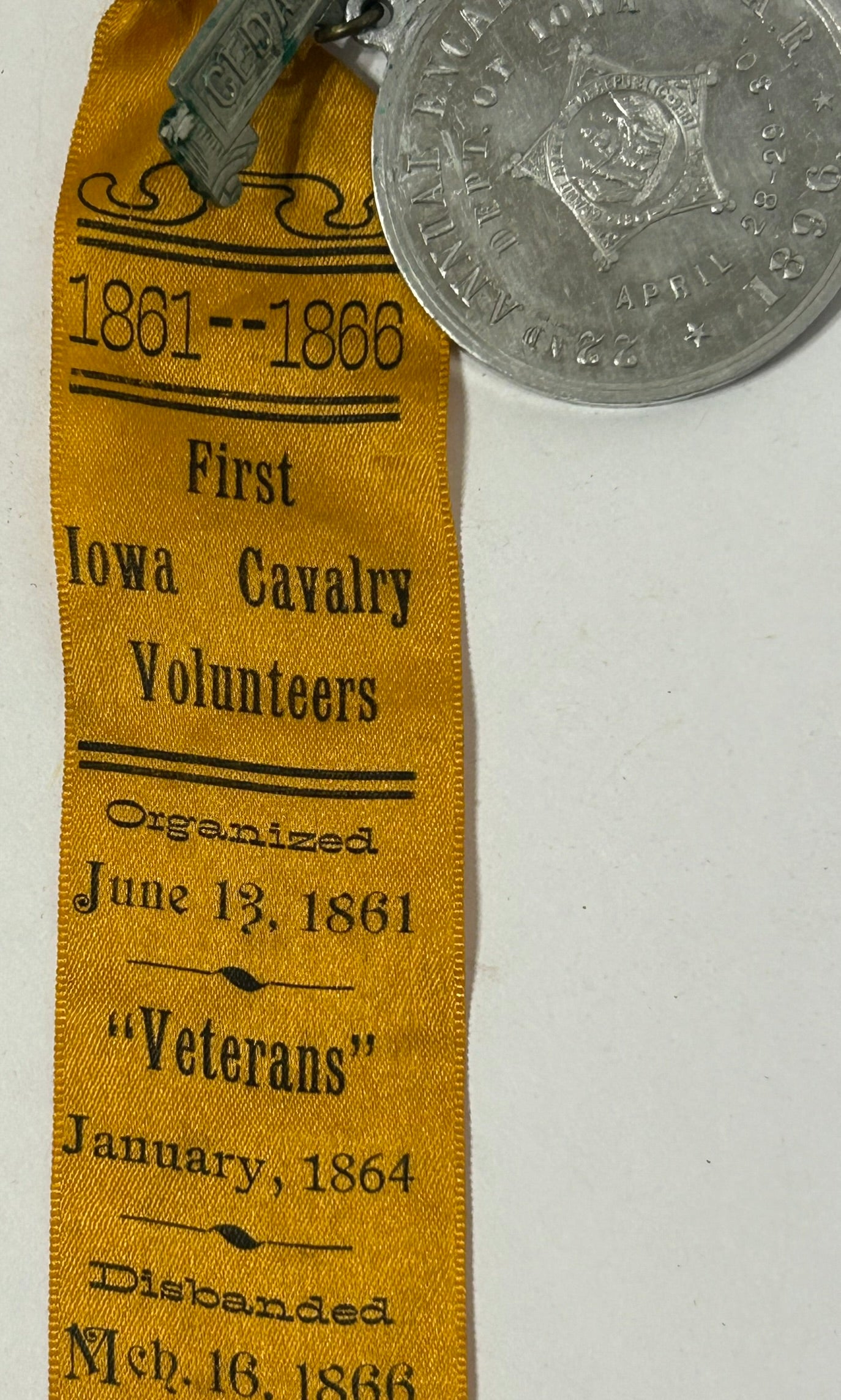 FIRST IOWA CALVALRY VOLUNTEERS 1908 CEDAR RAPIDS IOWA REUNION RIBBON