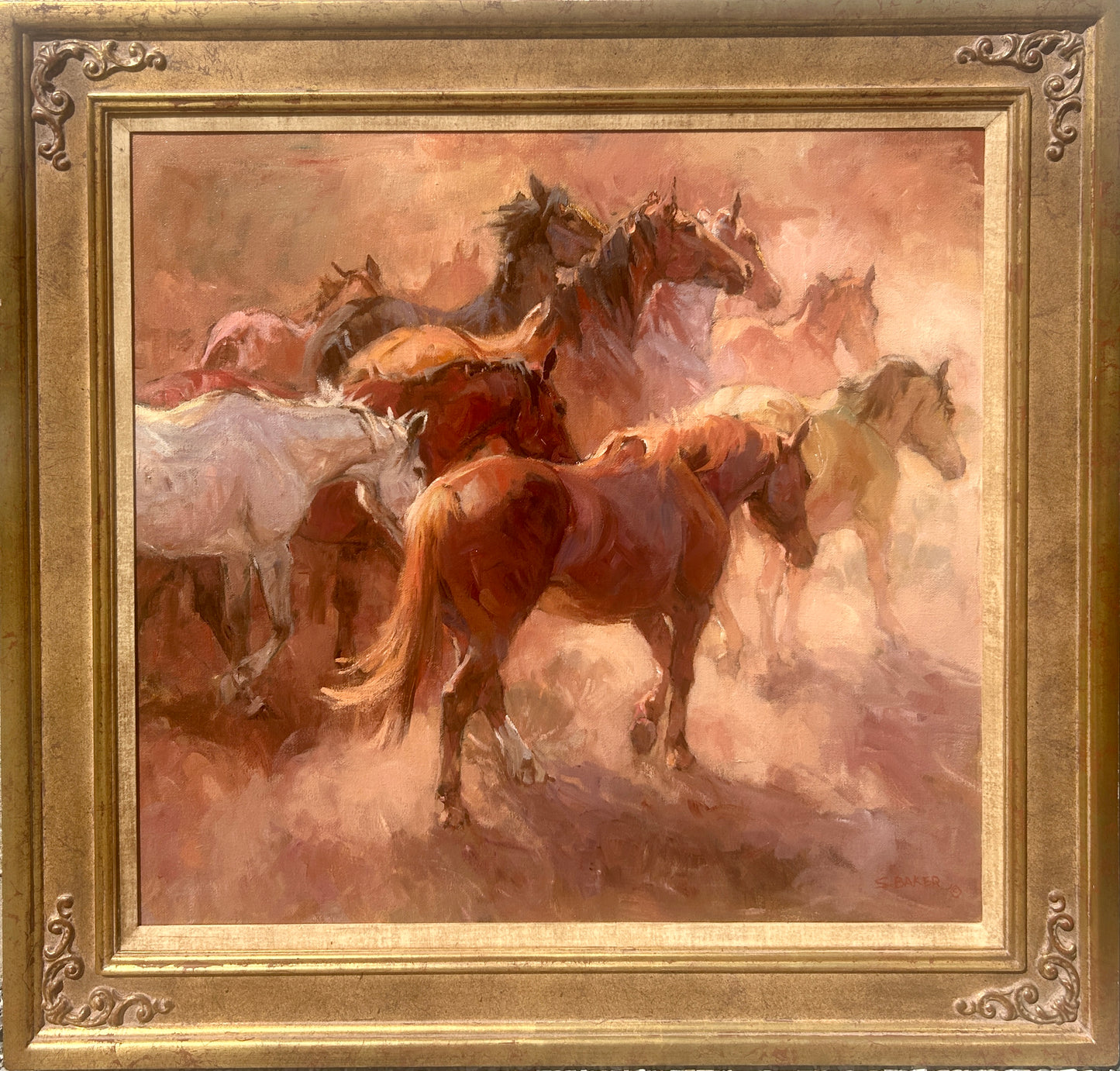 SUZANNE BAKER BORN 1939 CALIFORNIA PAINTING OF GROUP OF HORSES