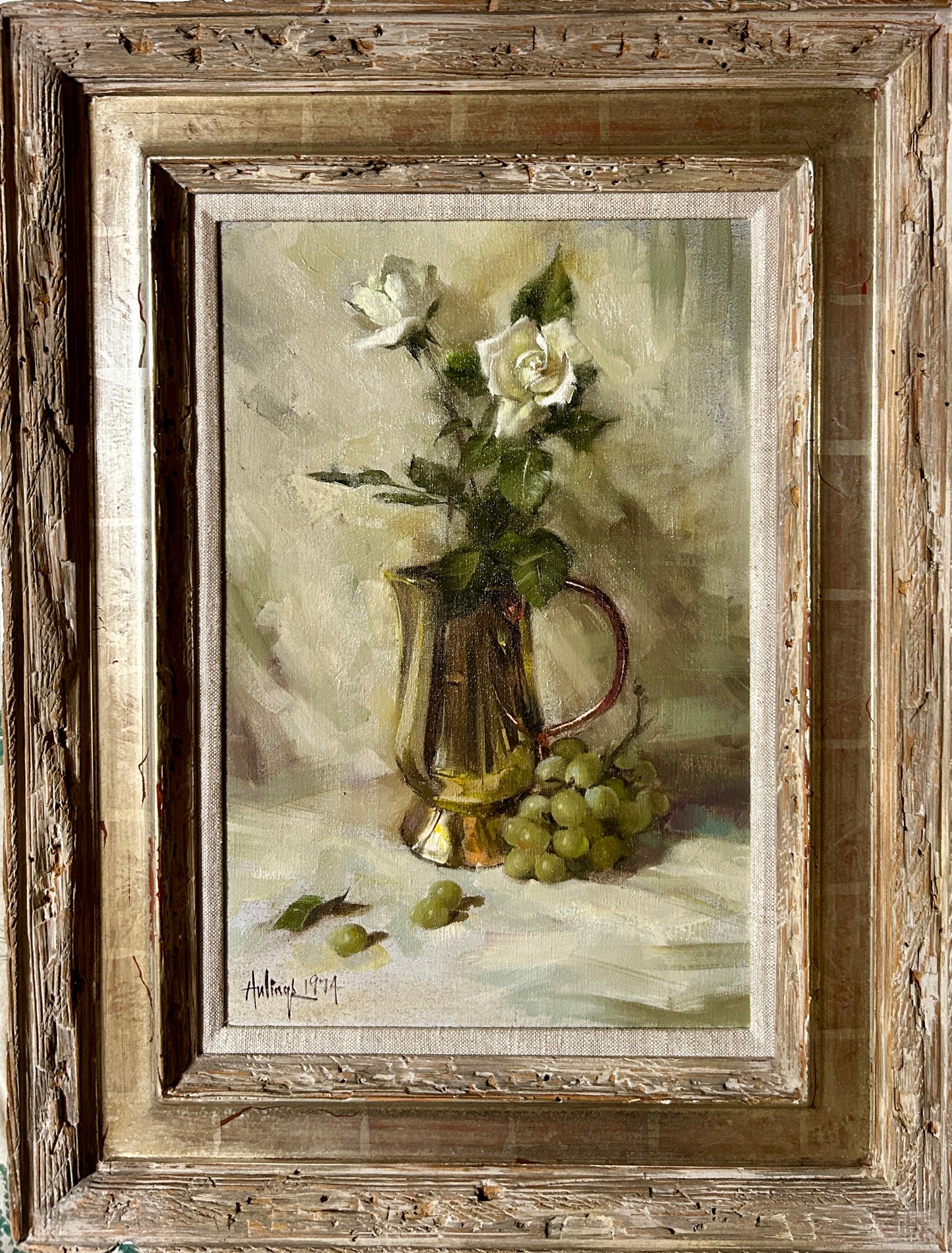 CLARK HULINGS 1922-2011 SANTA FE, NEW MEXICO PAINTING OF WHITE ROSES AND GRAPES