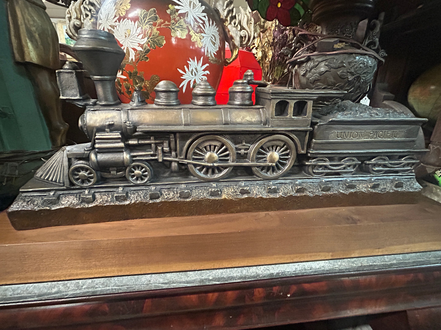 CHRIS NAVARRO BRONZE SCULPTURE OF TRAIN WITH BUFFALO AND COWS