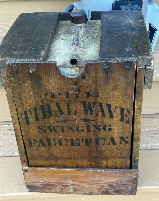 TIDAL WAVE SWINGING FAUCET CAN WOOD AND TIN ANTIQUE