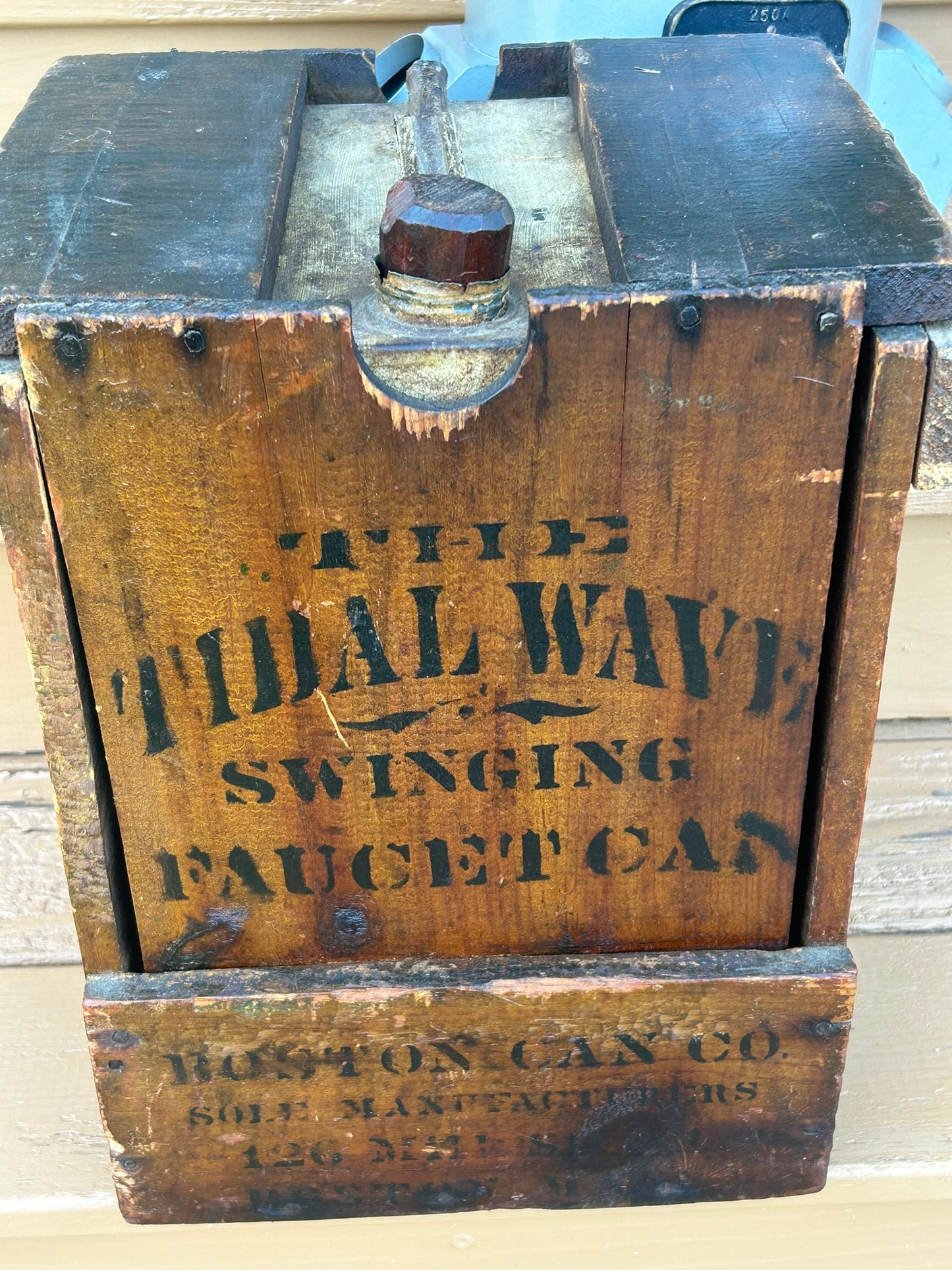 TIDAL WAVE SWINGING FAUCET CAN WOOD AND TIN ANTIQUE