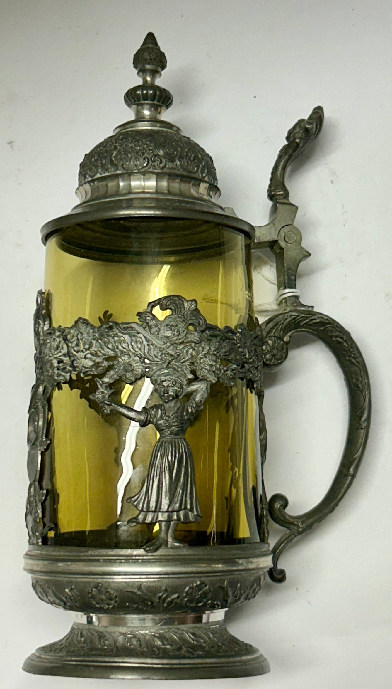 GREEN GLASS 1800'S STEIN IN PEWTER MOUNT