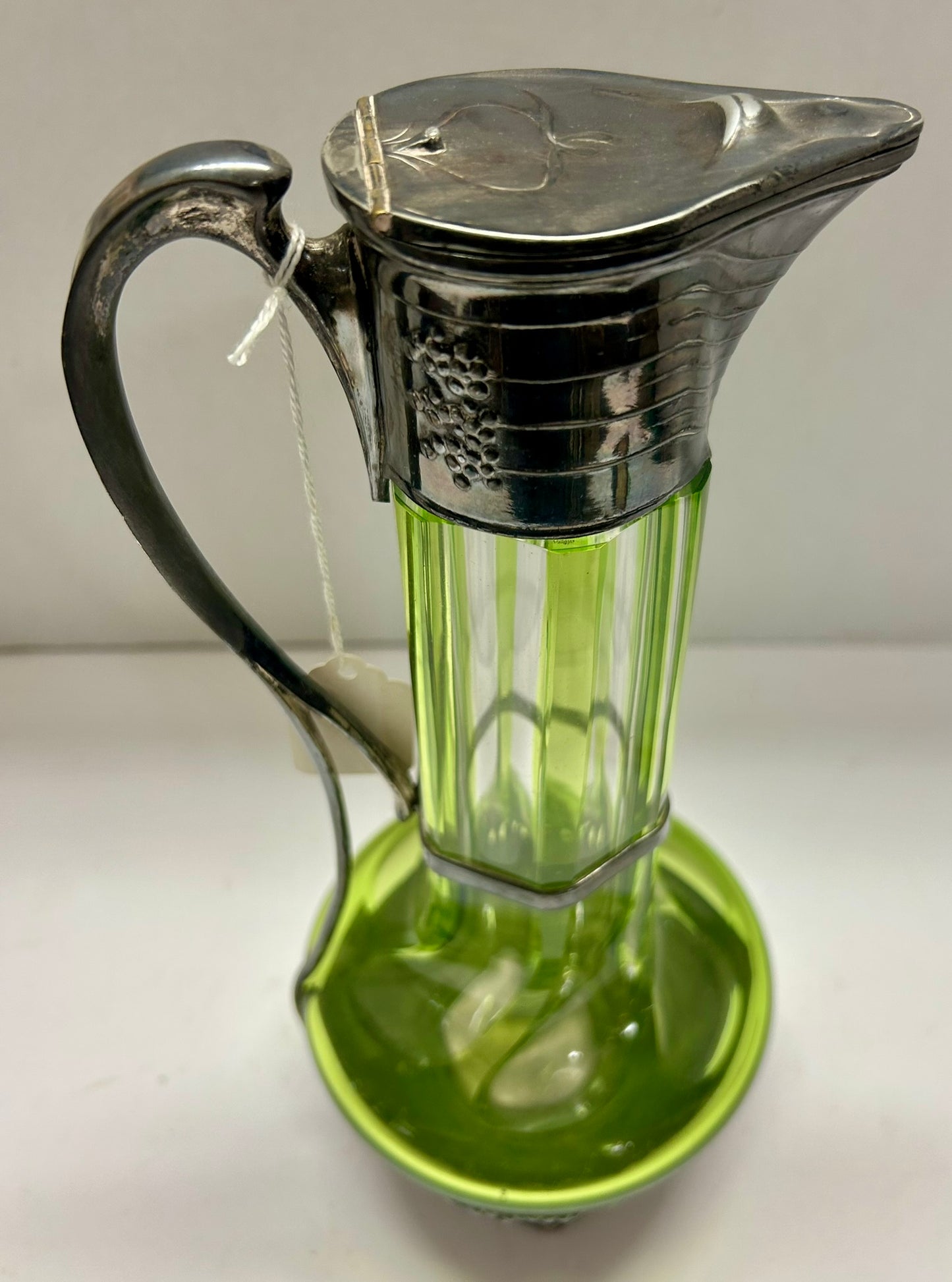 ANTIQUE AUSTRIAN GREEN GLASS EWER CUT TO CLEAR GLASS
