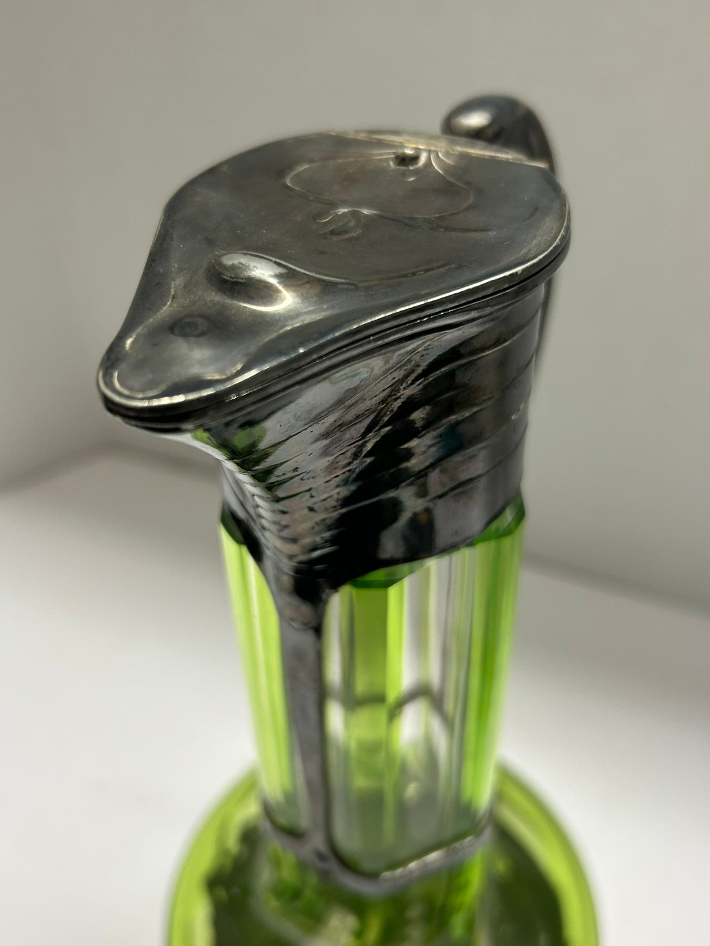 ANTIQUE AUSTRIAN GREEN GLASS EWER CUT TO CLEAR GLASS