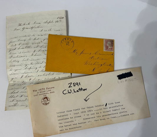 CIVIL WAR 1864 LETTER FROM 11TH IOWA INFANTRY SOLDIER MENTIONING VOTING FOR ABE LINCOLN