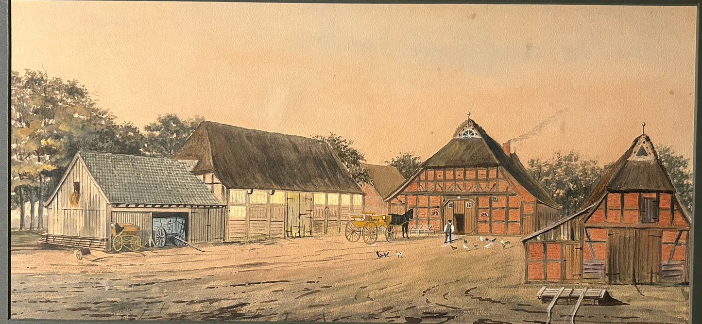FARM SCENE WATERCOLOR WITH LOTS OF DETAILS CIRCA LATE 1800'S