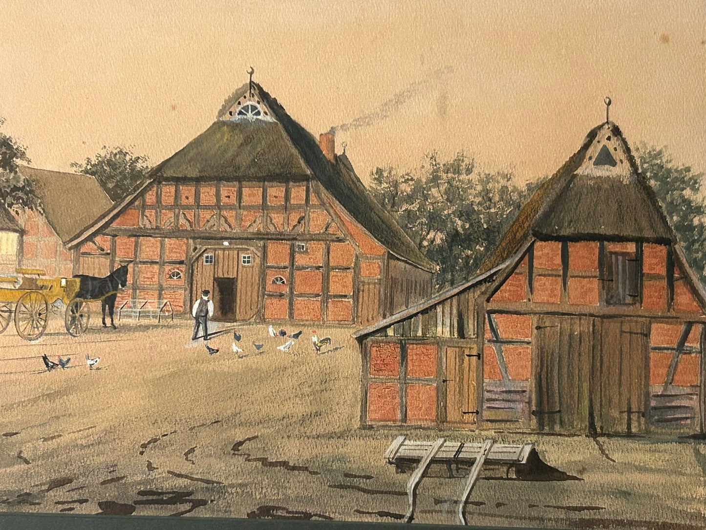 FARM SCENE WATERCOLOR WITH LOTS OF DETAILS CIRCA LATE 1800'S