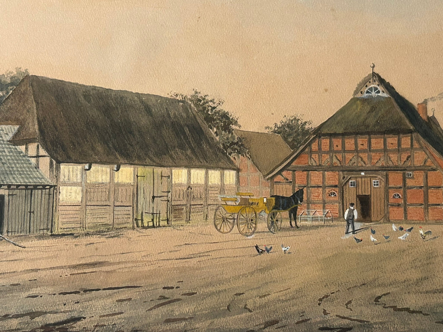 FARM SCENE WATERCOLOR WITH LOTS OF DETAILS CIRCA LATE 1800'S