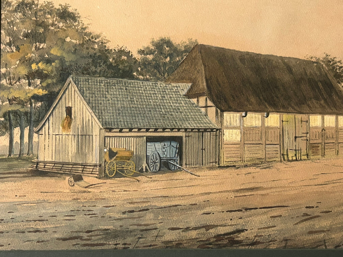 FARM SCENE WATERCOLOR WITH LOTS OF DETAILS CIRCA LATE 1800'S