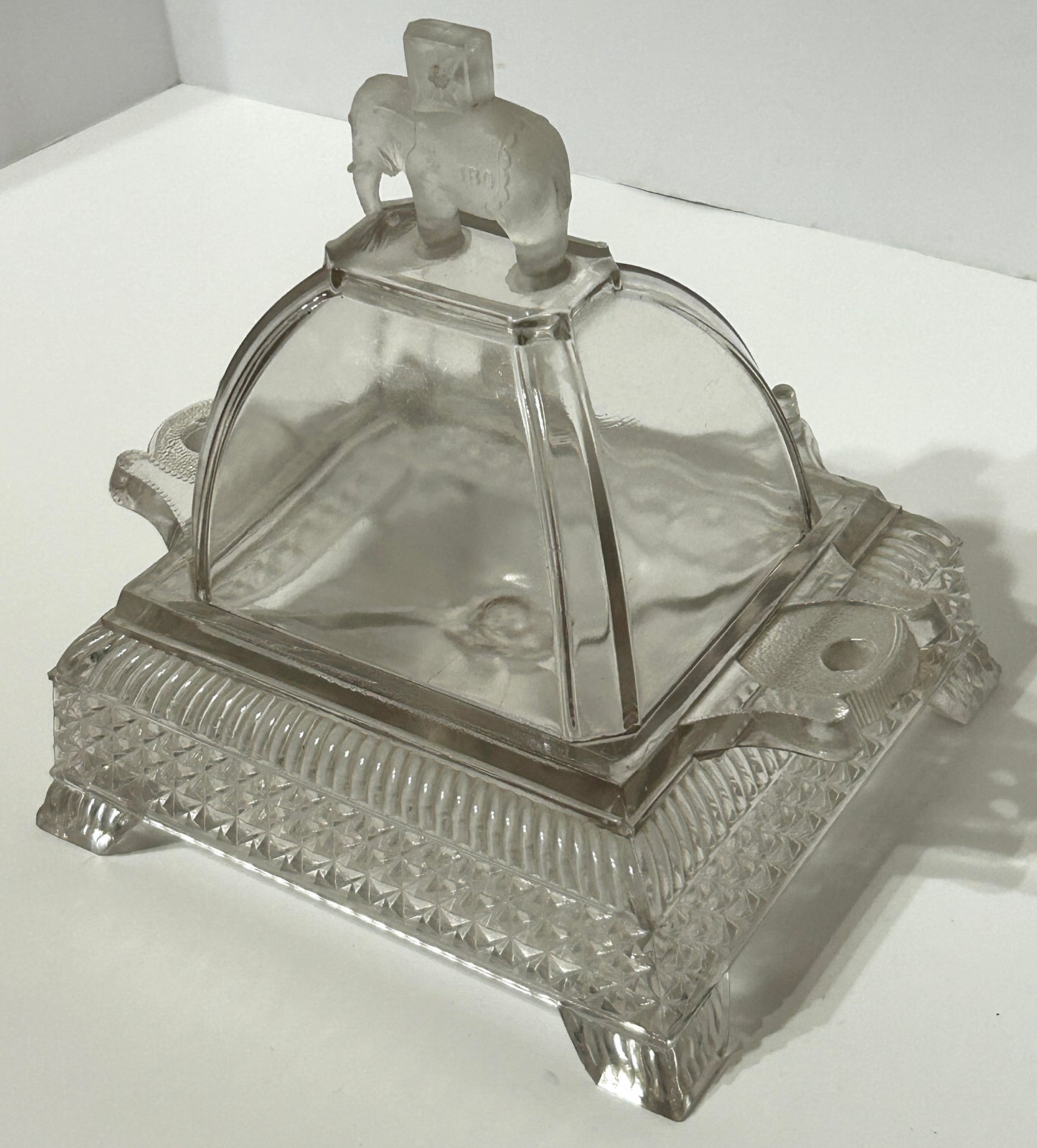 JUMBO ELEPHANT PATTERN GLASS COVERED BUTTER DISH 1883