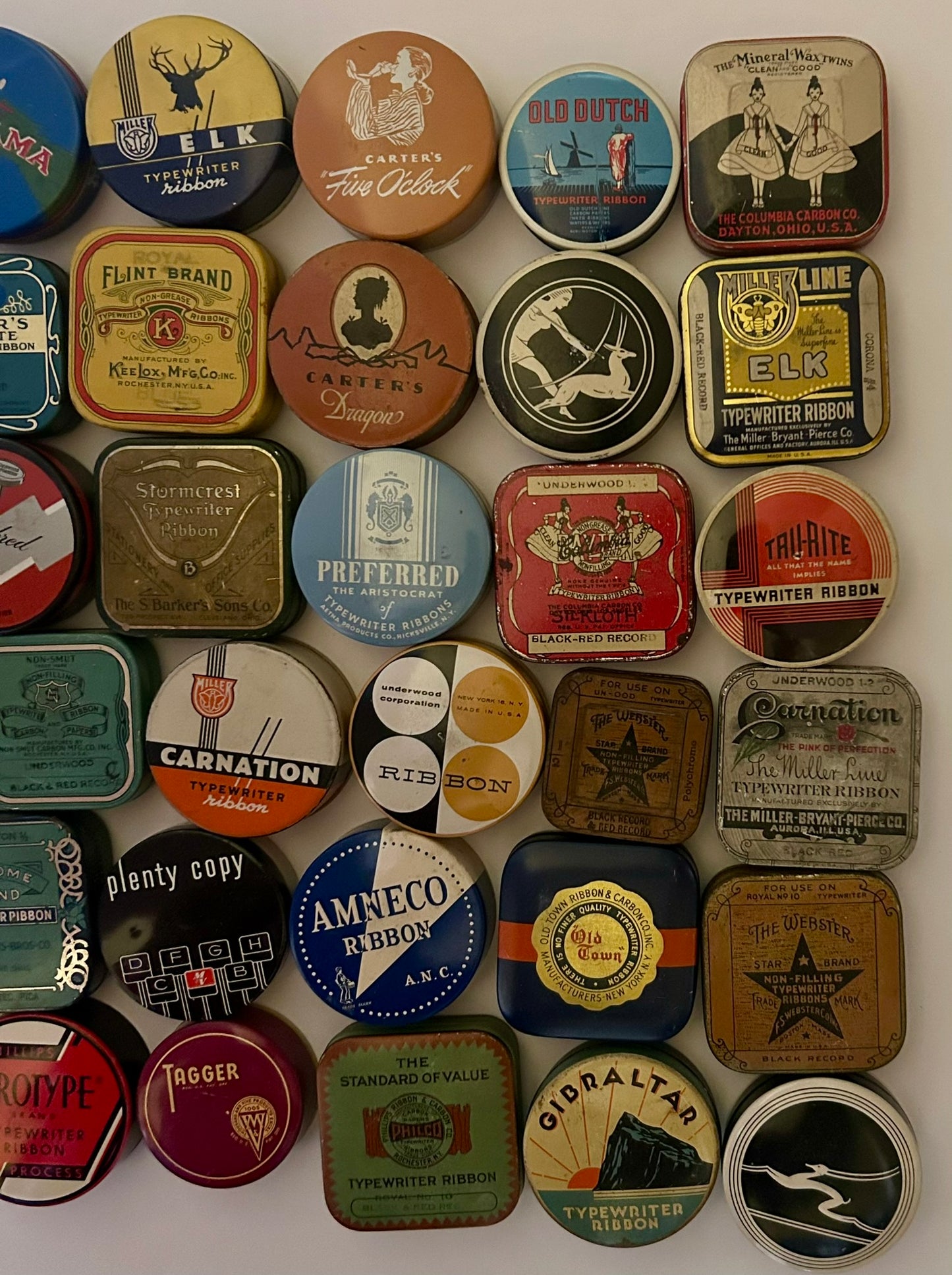 TYPEWRITER RIBBON ANTIQUE TINS COLLECTION OF MULTIBLE DESIGNS