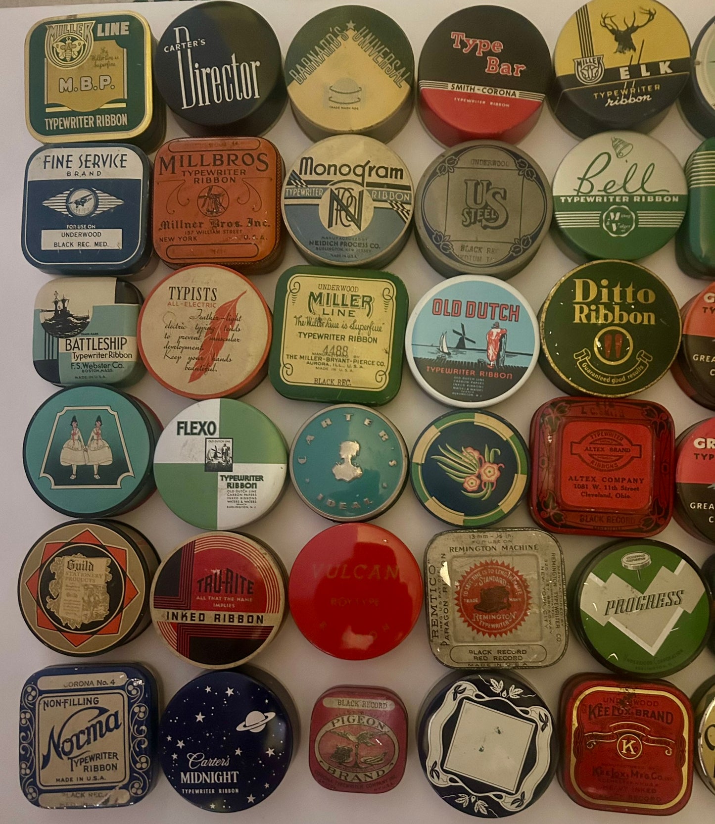 TYPEWRITER RIBBON ANTIQUE TINS COLLECTION OF MULTIBLE DESIGNS