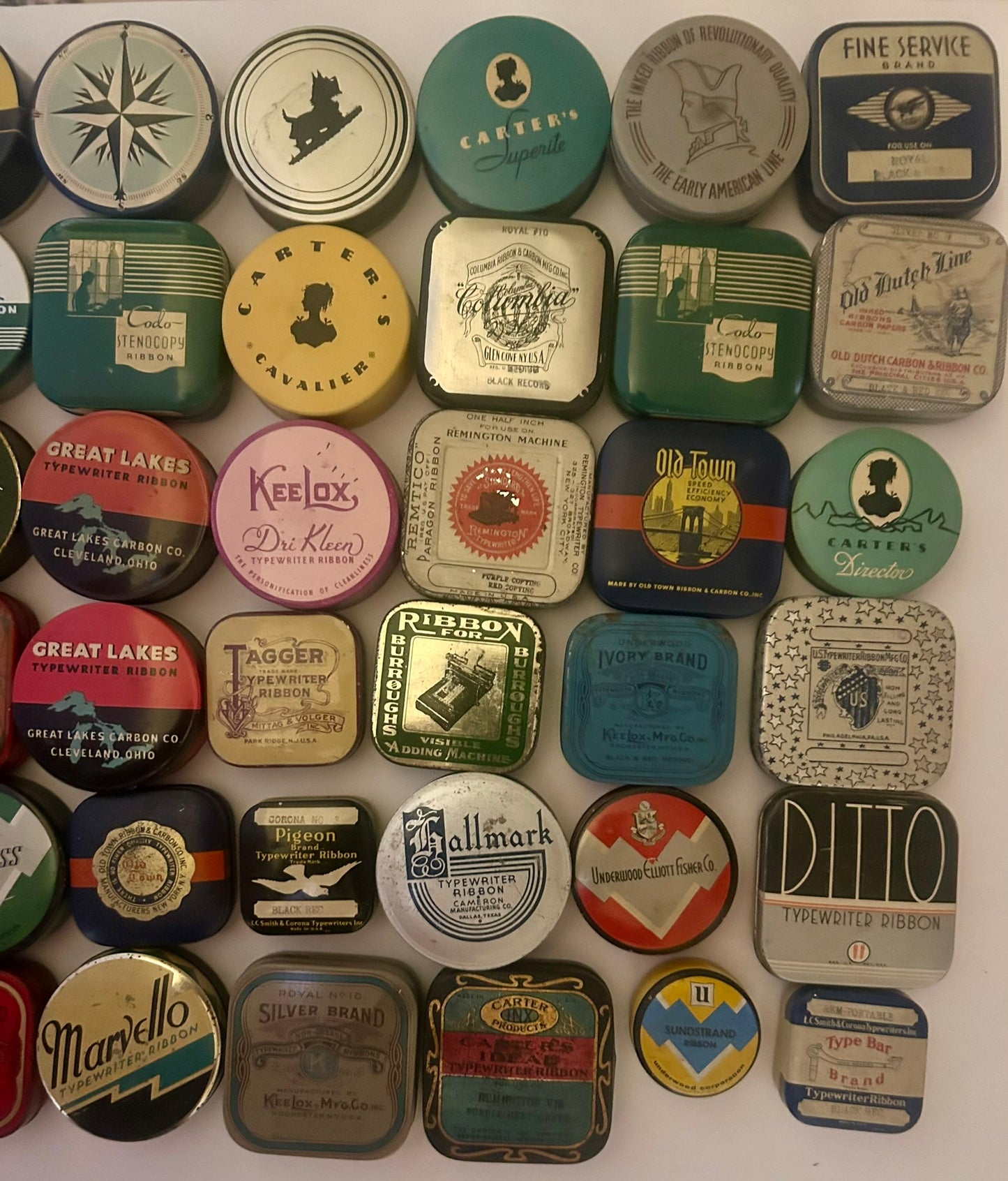 TYPEWRITER RIBBON ANTIQUE TINS COLLECTION OF MULTIBLE DESIGNS