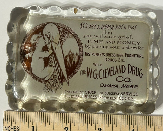 OMAHA NEBRASKA W. G. CLEVELAND DRUG CO. ILLUSTRATED ANTIQUE GLASS PAPERWEIGHT