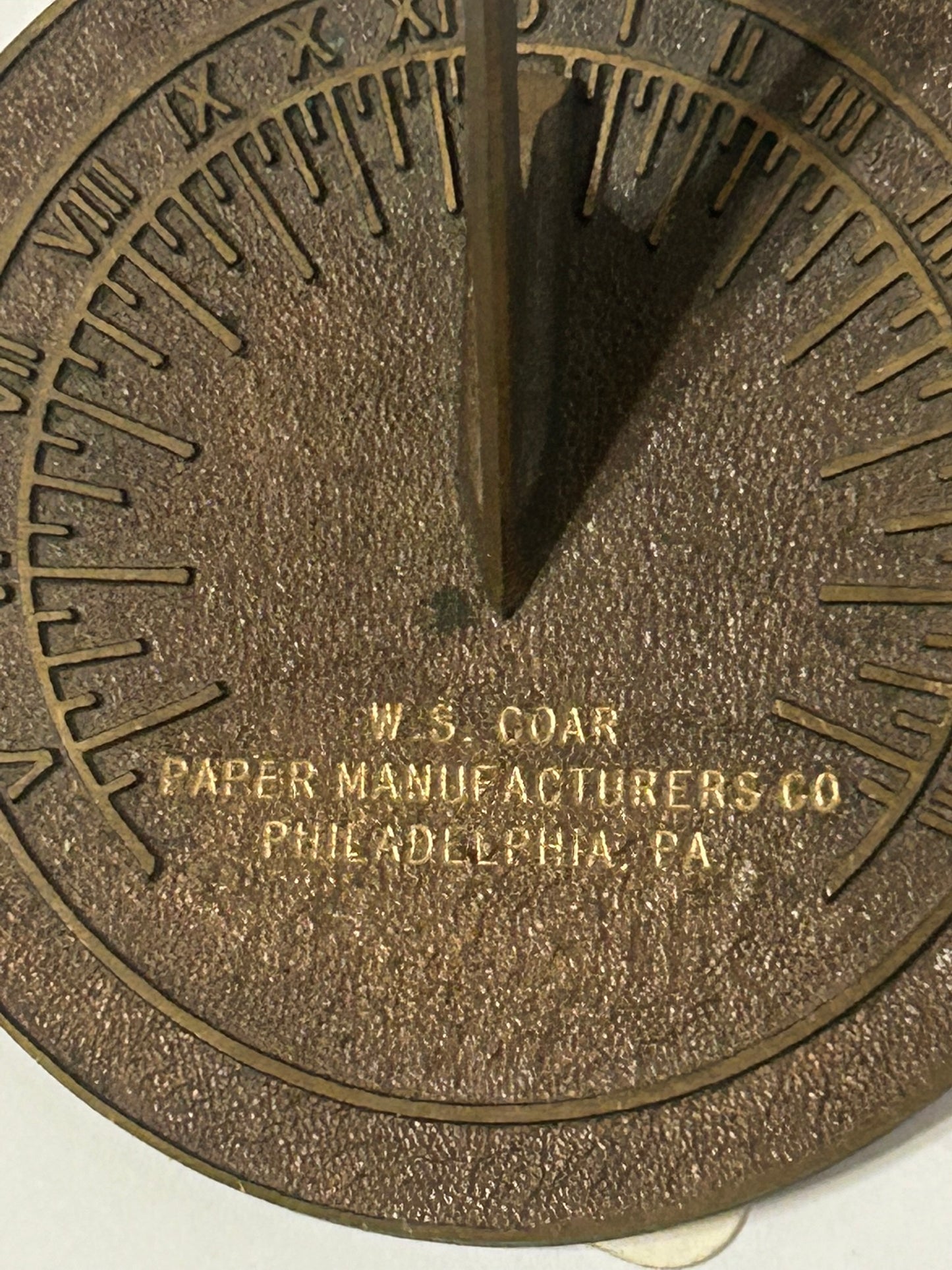 FIGURAL SUNDIAL ADVERTISING BRONZE PAPERWEIGHT COAR PAPER MANUFACTURER