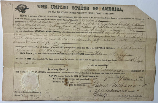 MEXICAN WAR VETERAN 1860 LAND DOCUMENT FOR LAND RECEIVED FOR WAR SERVICE