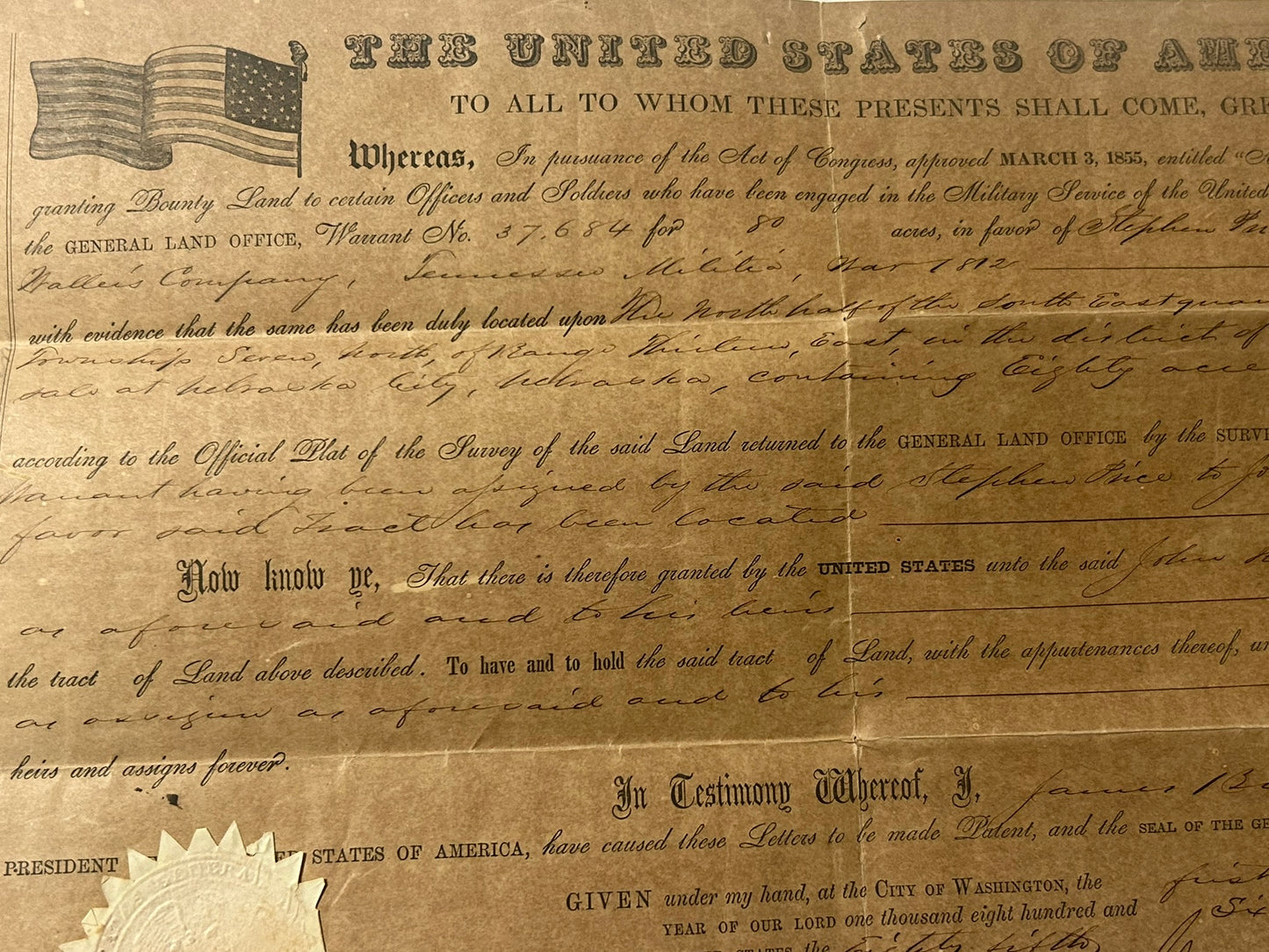 WAR OF 1812 VETERAN LAND DEED