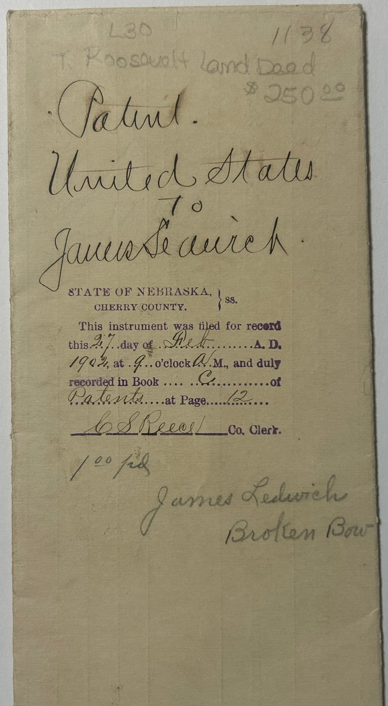 TEDDY ROOSEVELT 1902 LAND DOCUMENT FOR NEBRASKA LAND