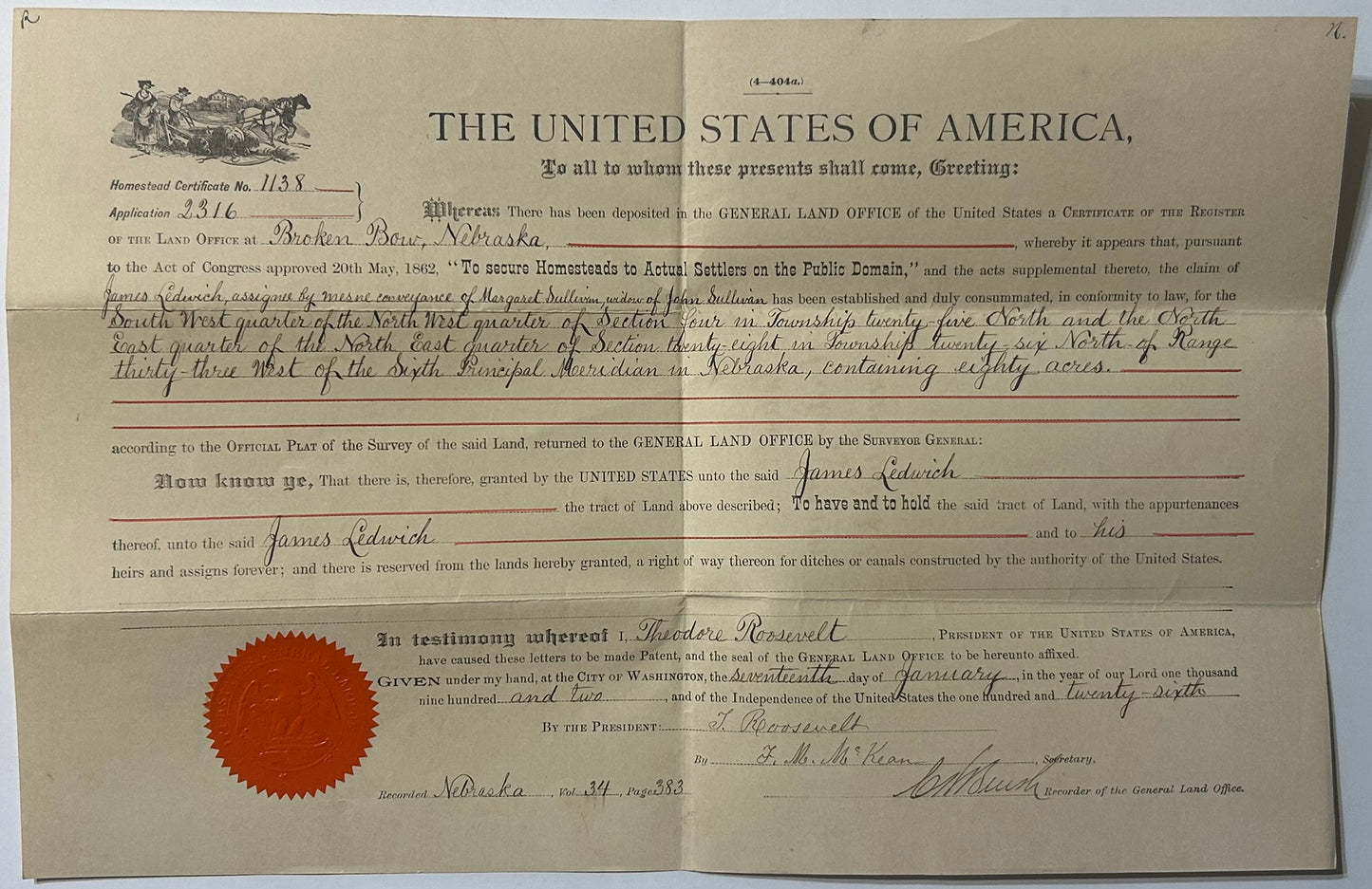 TEDDY ROOSEVELT 1902 LAND DOCUMENT FOR NEBRASKA LAND
