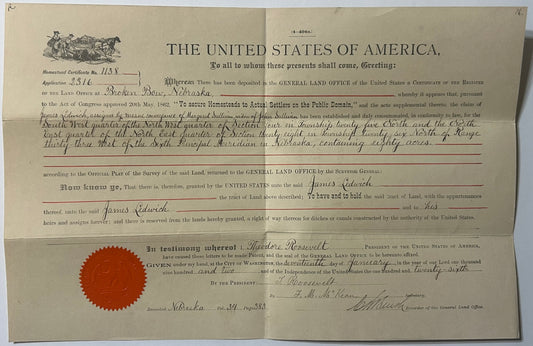 TEDDY ROOSEVELT 1902 LAND DOCUMENT FOR NEBRASKA LAND