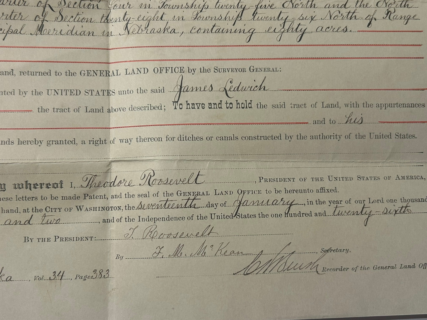 TEDDY ROOSEVELT 1902 LAND DOCUMENT FOR NEBRASKA LAND