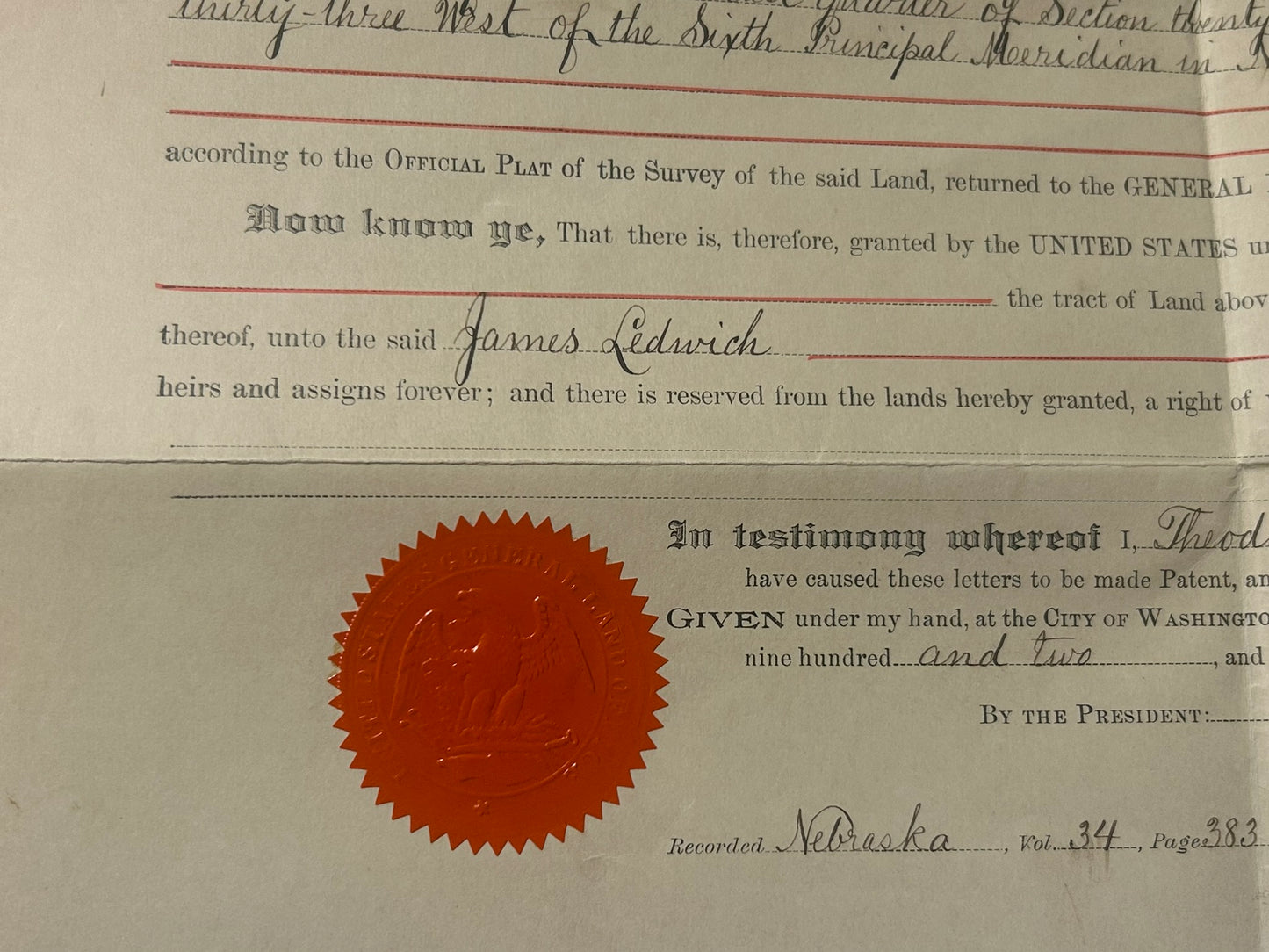 TEDDY ROOSEVELT 1902 LAND DOCUMENT FOR NEBRASKA LAND
