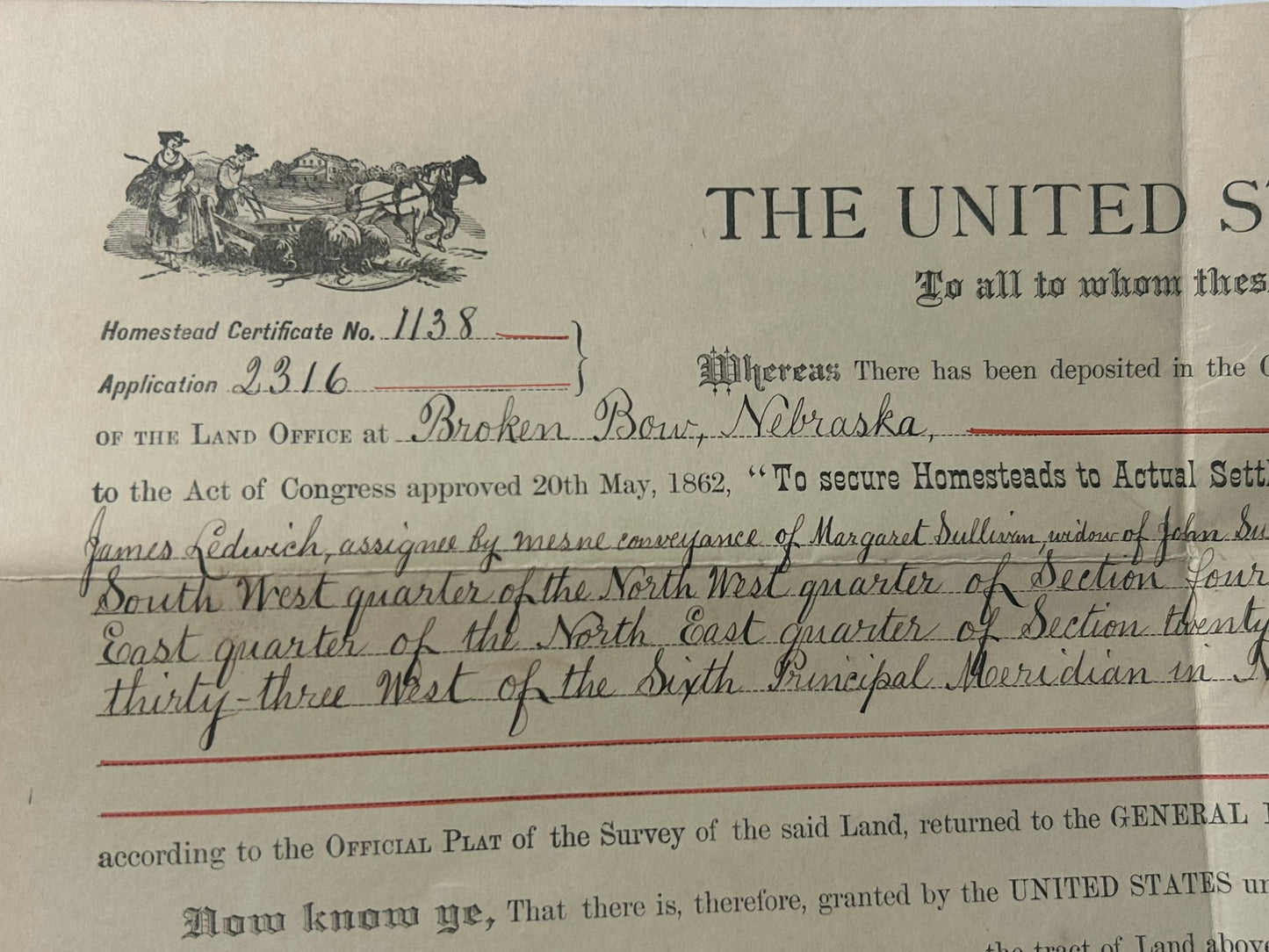 TEDDY ROOSEVELT 1902 LAND DOCUMENT FOR NEBRASKA LAND