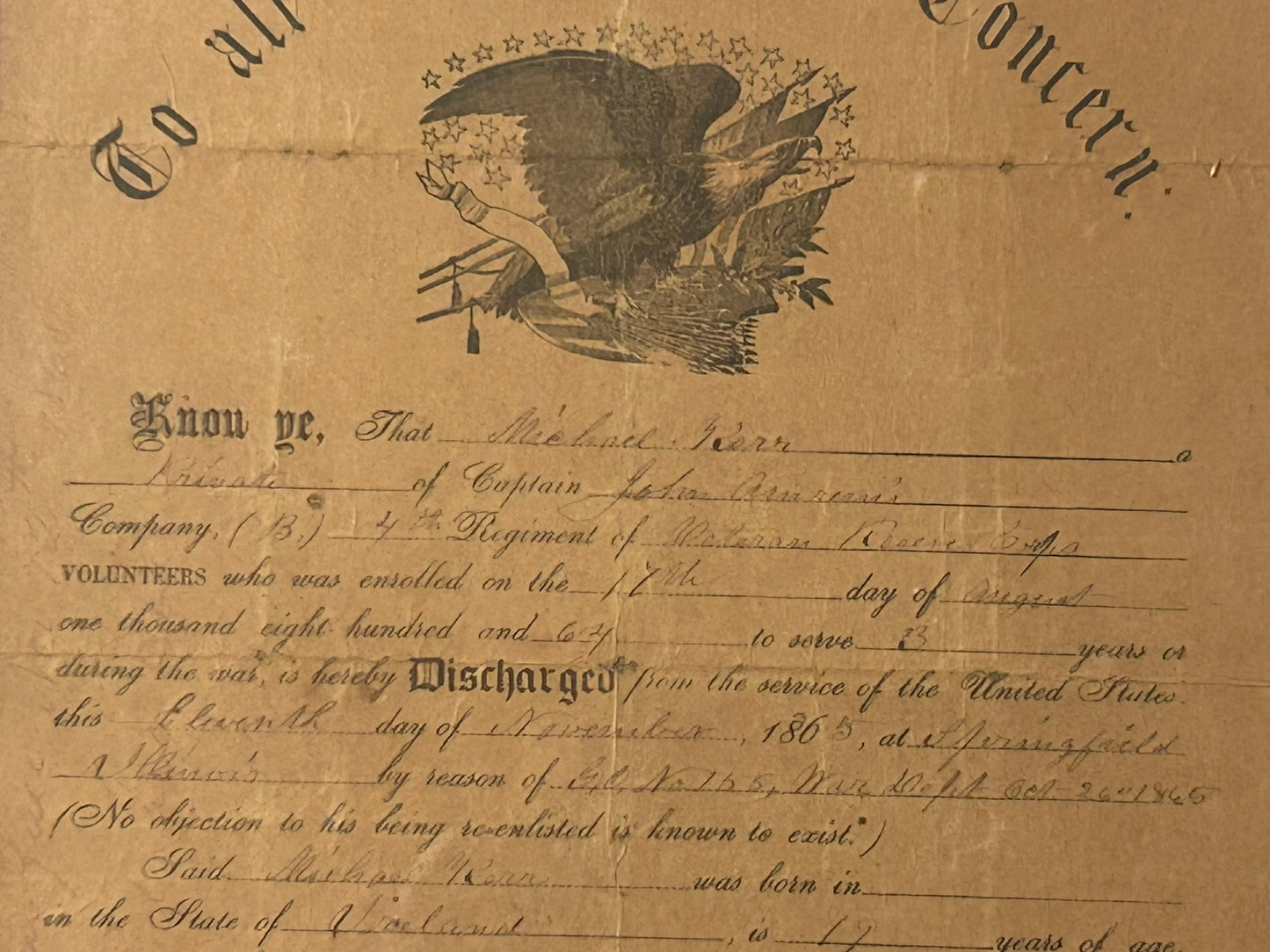 CIVIL WAR DISCHARGE SPRINGFIELD ILLINOIS