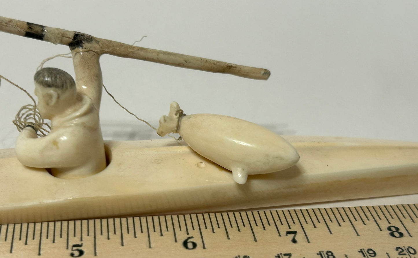 WALRUS IVORY INUIT SPEAR HUNTER IN KAYAK