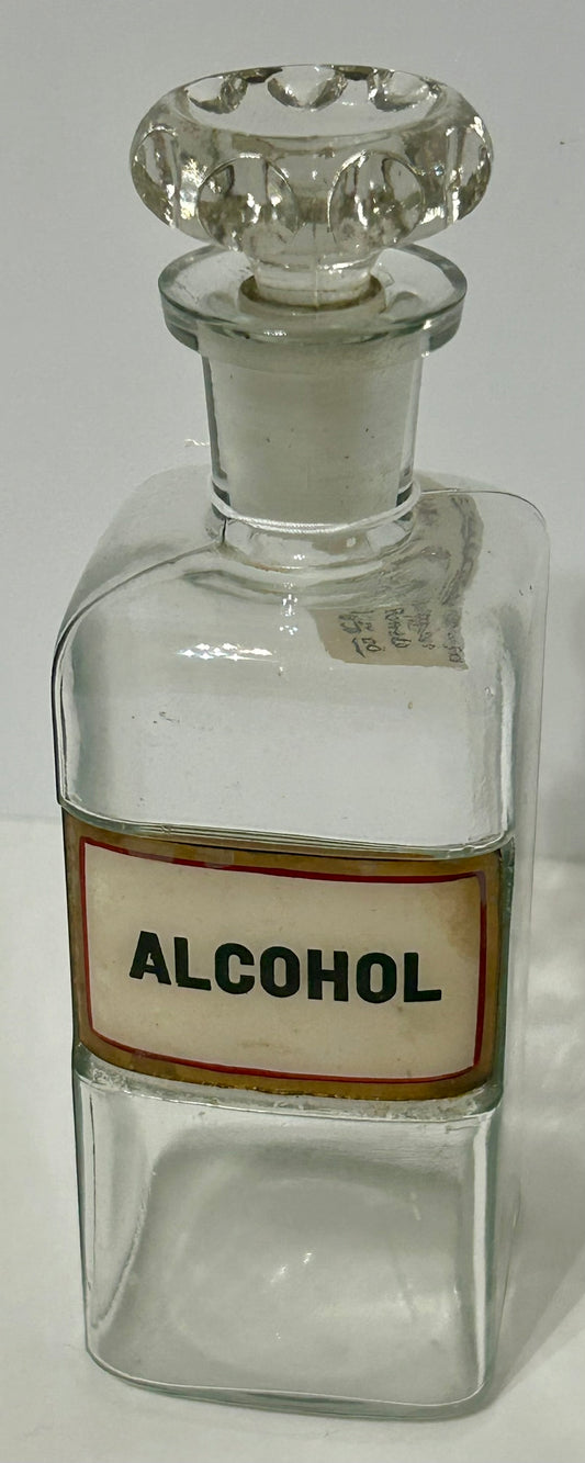 DRUGGIST LABEL UNDER GLASS "ALCOHOL" ANTIQUE BOTTLE