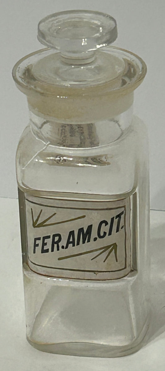 DRUGGIST ANTIQUE LABEL UNDER GLASS " FER.AM.CIT" BOTTLE