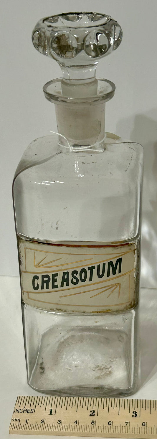 DRUGGIST LABEL UNDER GLASS ANTIQUE BOTTLE FOR "CREASOTUM"