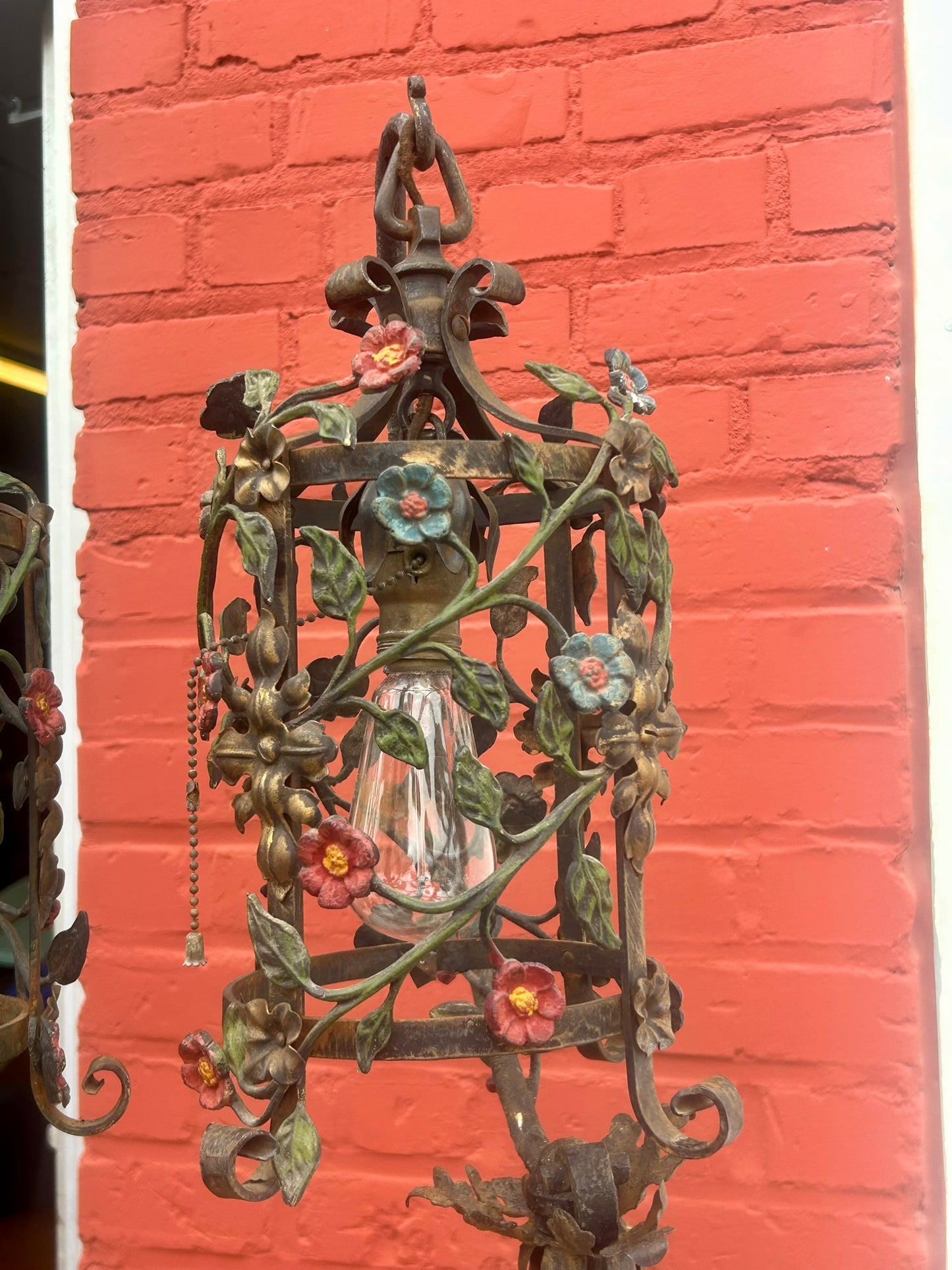 WROUGHT IRON DECO FLOOR LAMPS WITH FLOWERS PAIR