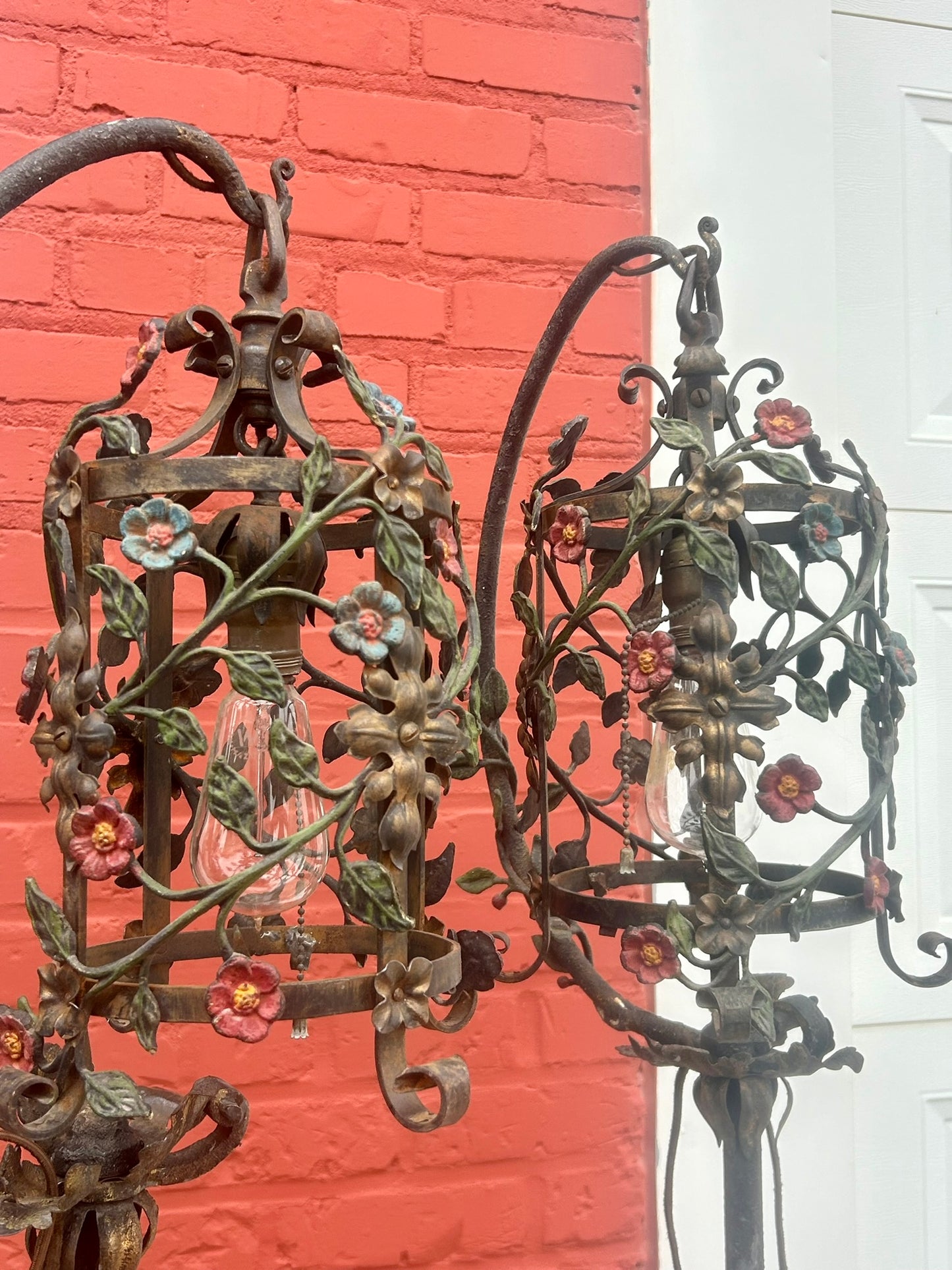 WROUGHT IRON DECO FLOOR LAMPS WITH FLOWERS PAIR